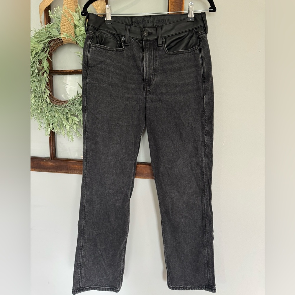 NWOT American Eagle Black Jeans Leather Detail High Rise Ankle Straight Size 6